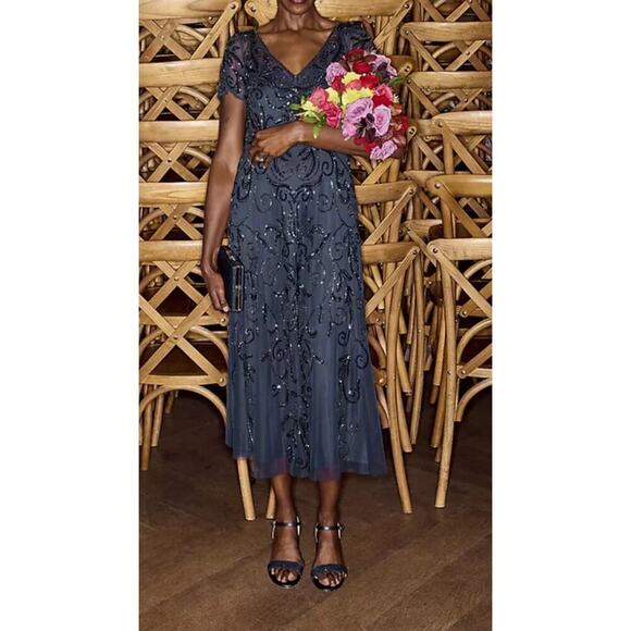 Oleg Cassini Allover Beaded Short Sleeve Midi Dress in Navy Blue Size 16 - Picture 5 of 15